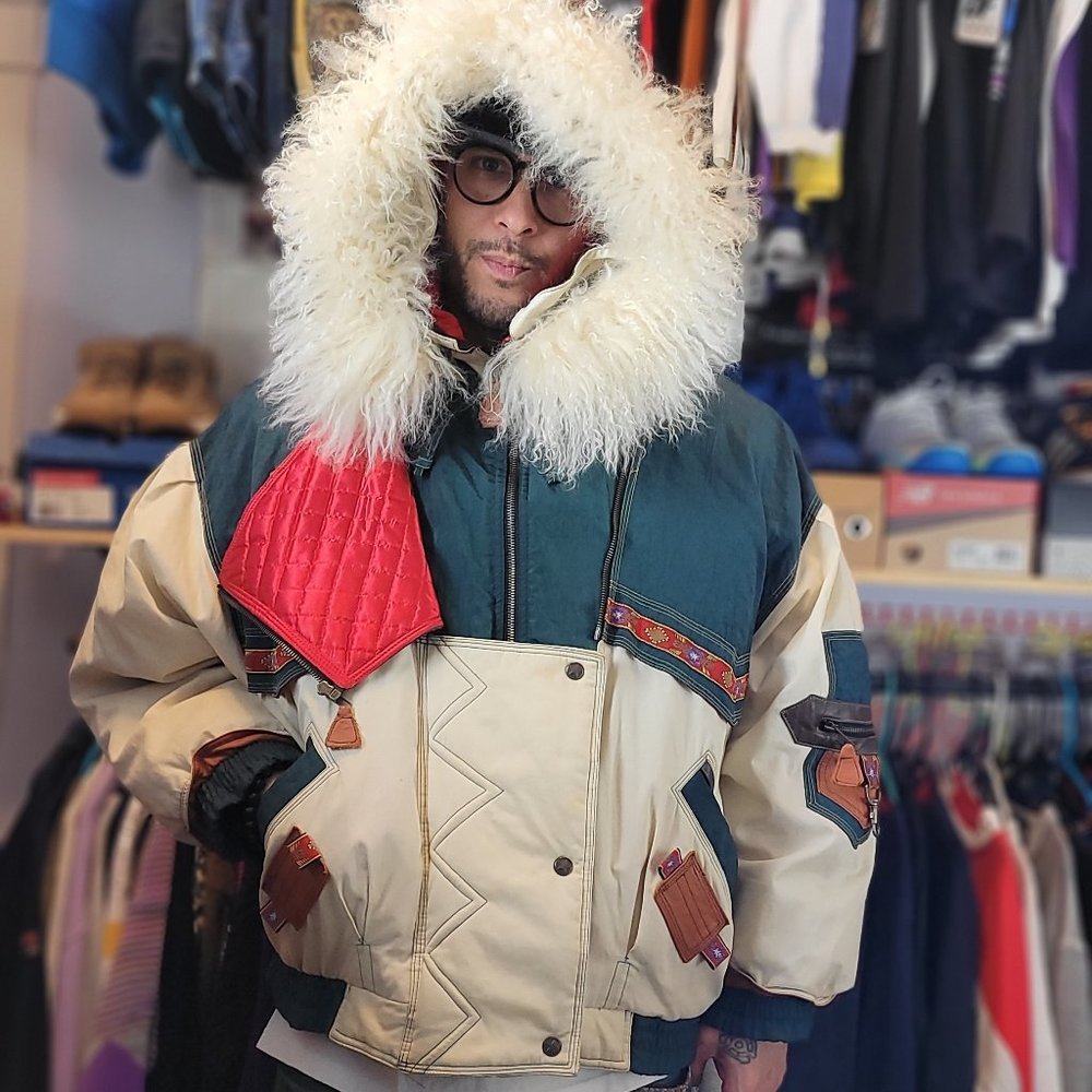 Multicolor Bomber Jacket with Fur Hood